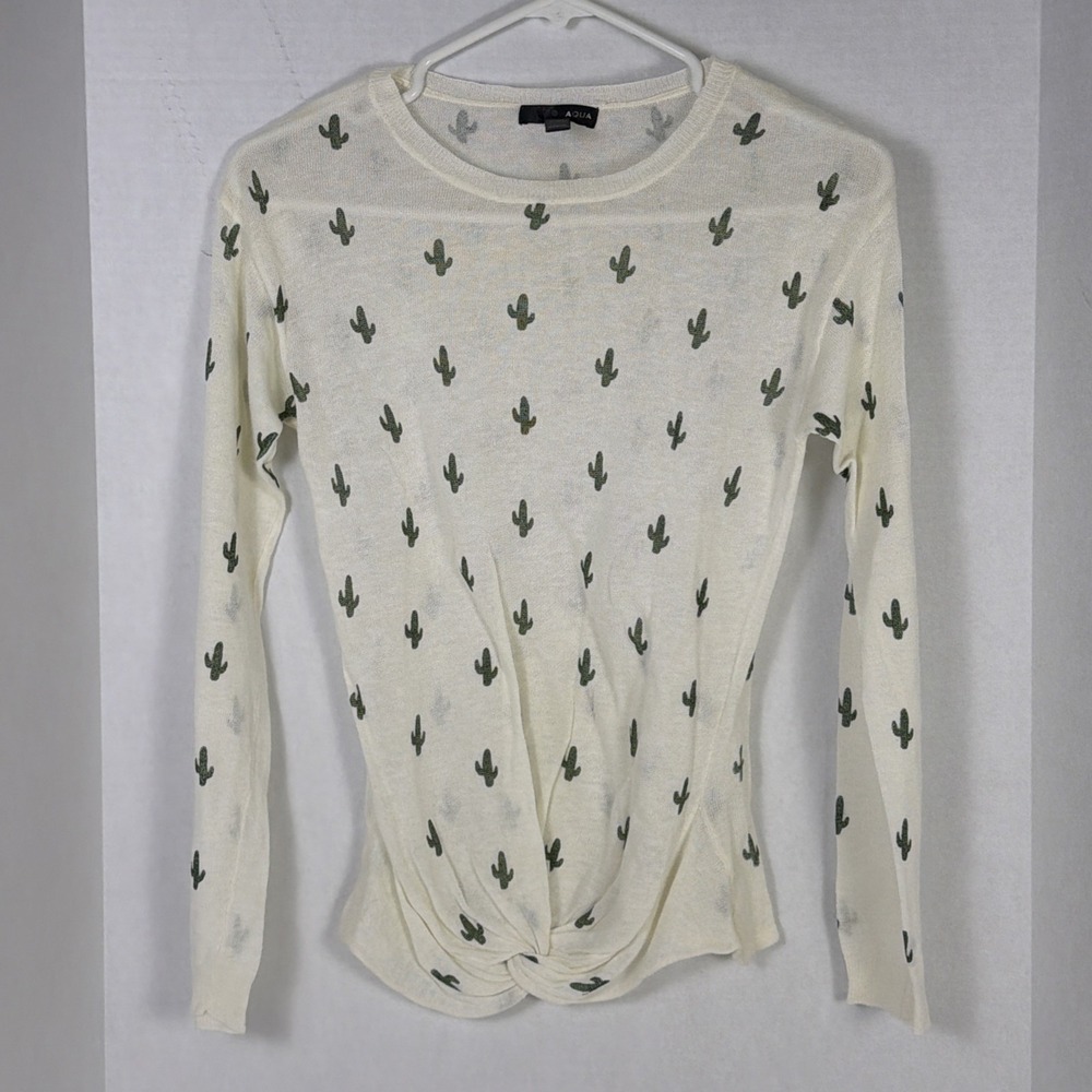 Aqua Linen Blend Cactus Print Twist Hem Lightweight Sweater X-Small Cream/Green